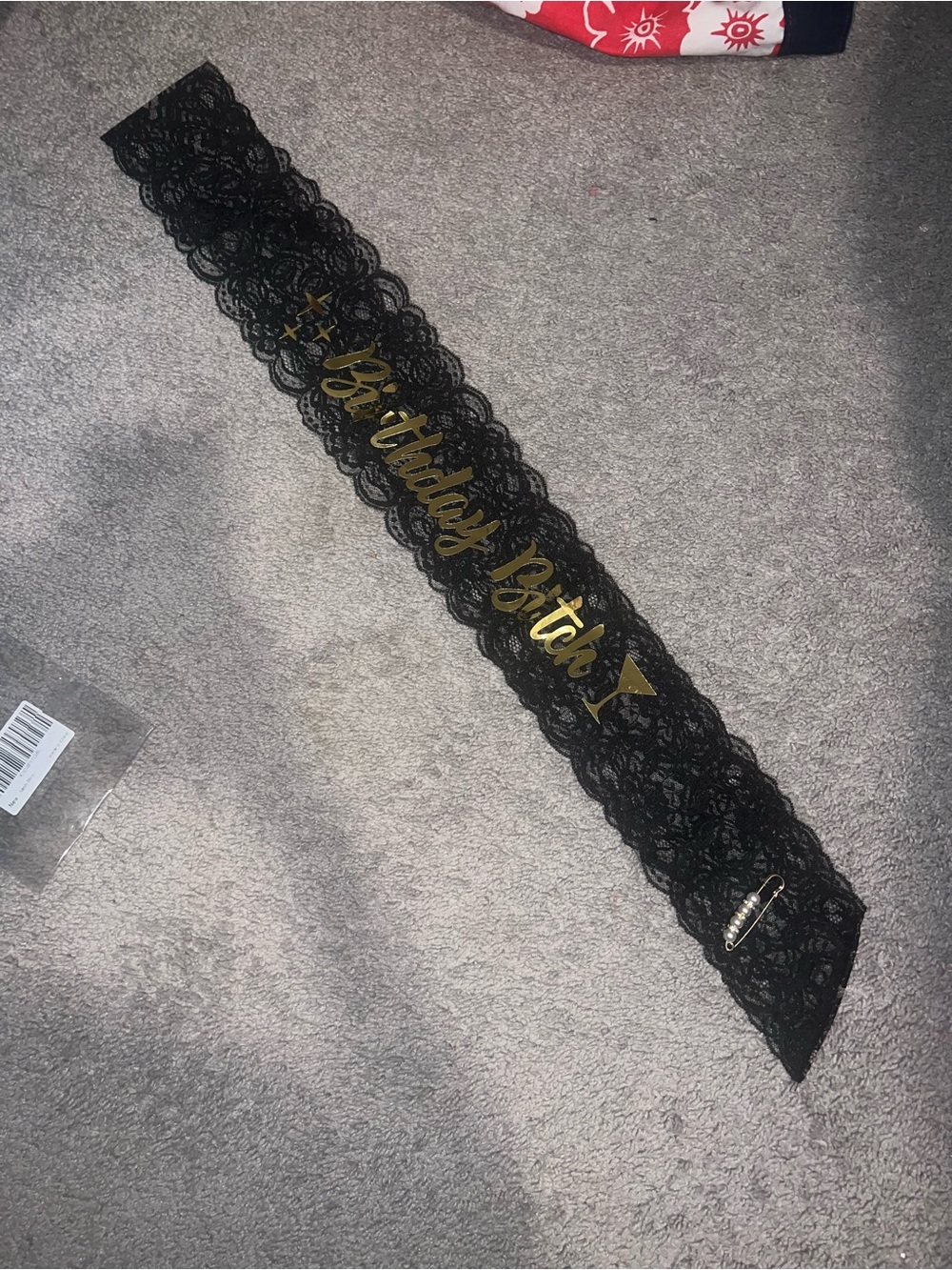 3 for $12 Black Birthday Sash with Gold Script and Pearl Pin